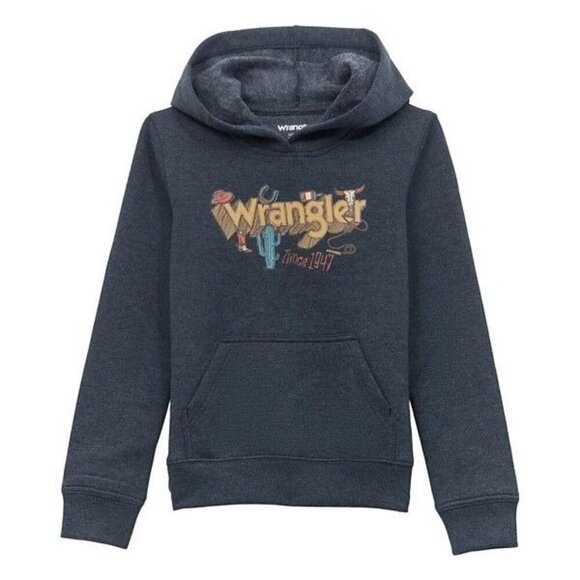 Wrangler Boy's MD Comic Desert Logo Graphic Hooded Pullover Sweatshirt Dark Sapp - Picture 1 of 3